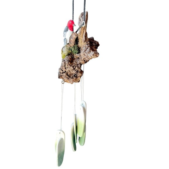 Handcrafted Loon Bird Sculpture Wind Chime With Ceramic Leaves & Natural Driftwo - Picture 3 of 16